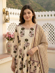 Jaitpuriya Green And Beige Pure Cotton Anarkali Regular Kurta Set