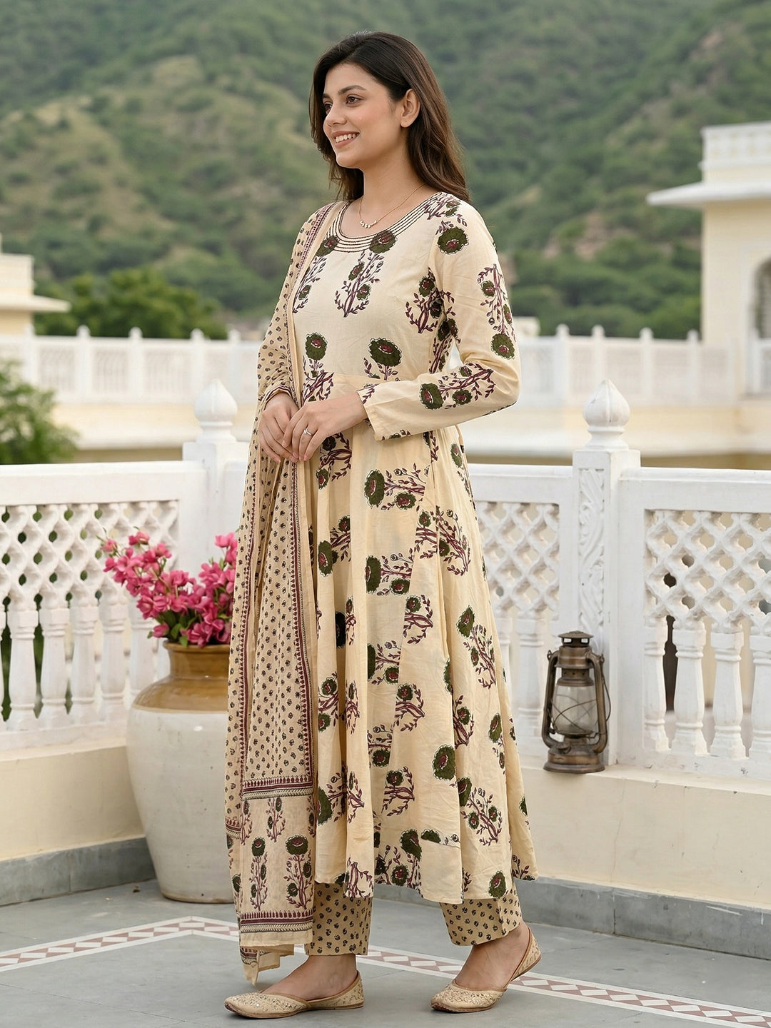 Jaitpuriya Green And Beige Pure Cotton Anarkali Regular Kurta Set