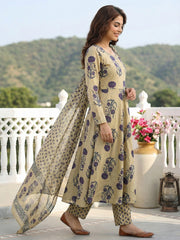 Jaitpuriya Purple And Beige Pure Cotton Anarkali Regular Kurta Set