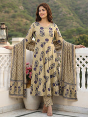 Jaitpuriya Purple And Beige Pure Cotton Anarkali Regular Kurta Set