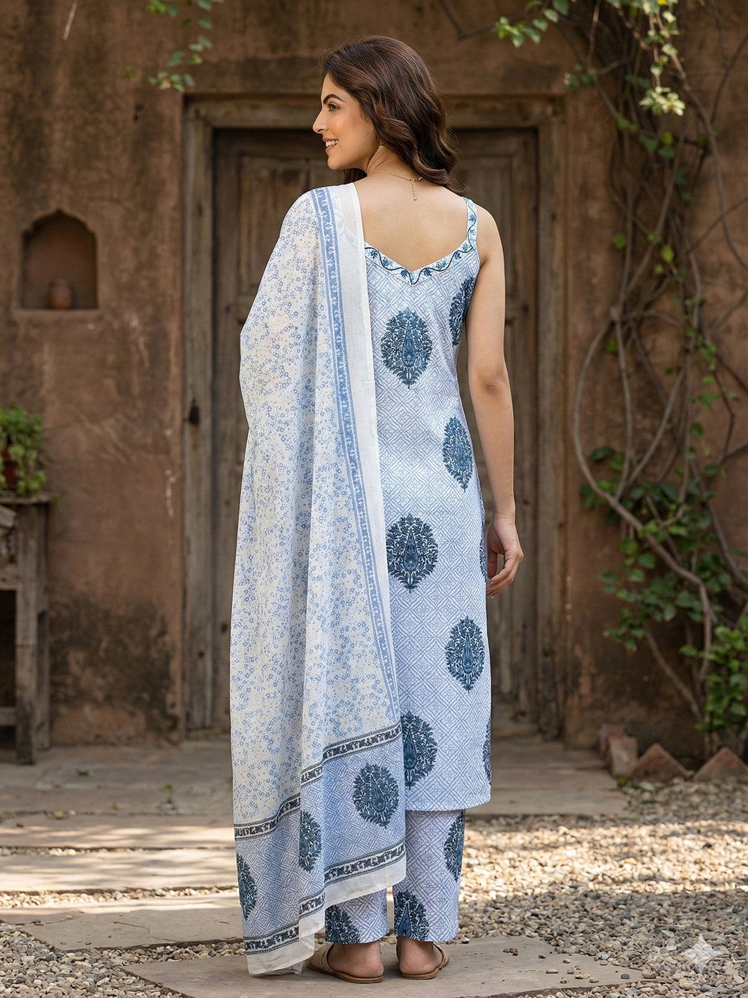 Jaitpuriya Blue And White Pure Cotton Straight Strap Kurta Set