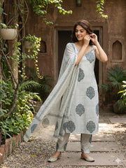 Jaitpuriya Grey And White Pure Cotton Straight Strap Kurta Set