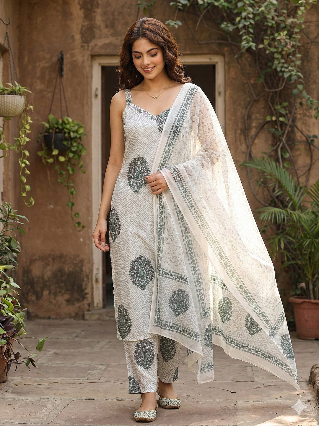 Jaitpuriya Grey And White Pure Cotton Straight Strap Kurta Set