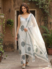 Jaitpuriya Grey And White Pure Cotton Straight Strap Kurta Set