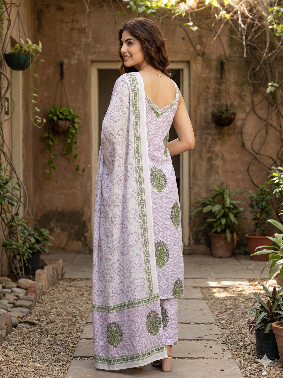 Jaitpuriya Purple And White Pure Cotton Straight Strap Kurta Set
