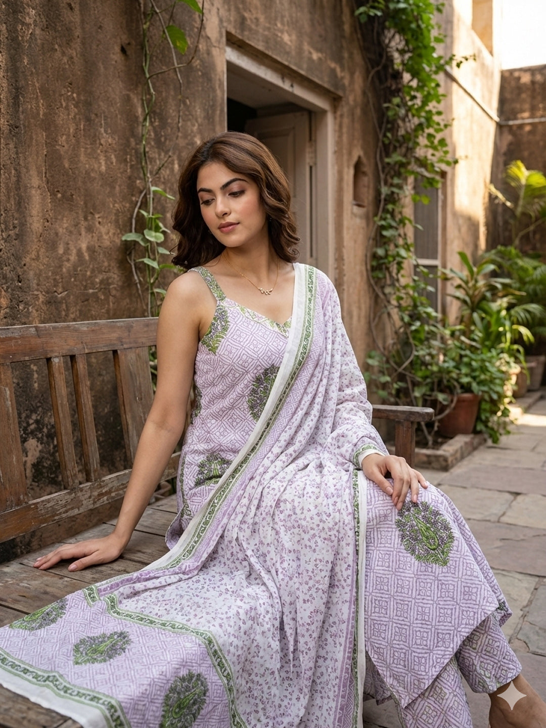 Jaitpuriya Purple And White Pure Cotton Straight Strap Kurta Set