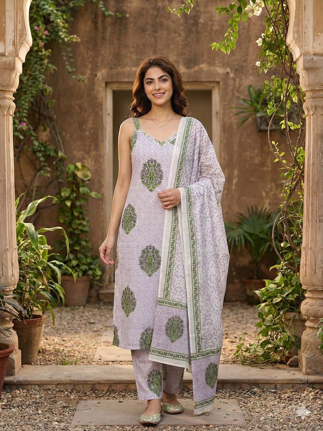 Jaitpuriya Purple And White Pure Cotton Straight Strap Kurta Set