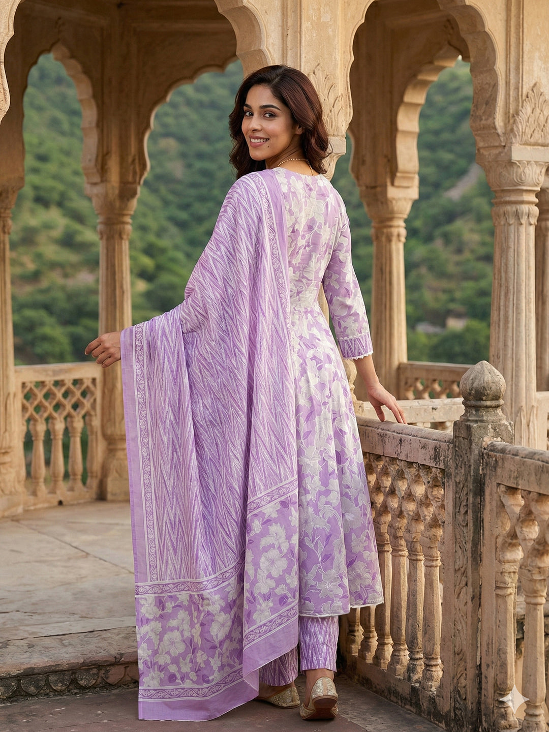 Jaitpuriya Purple And White Pure Cotton Anarkali Angrakha Kurta Set