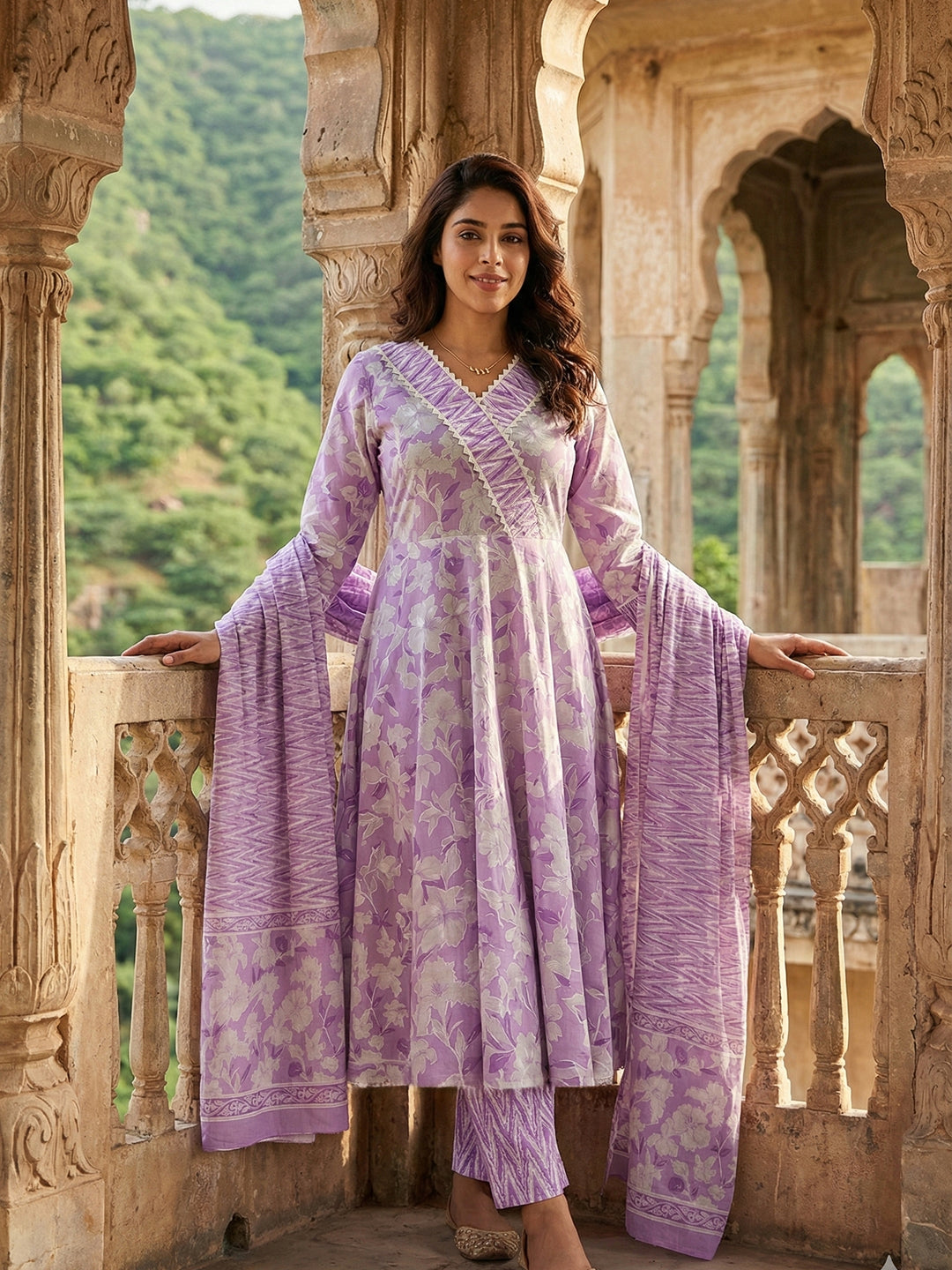Jaitpuriya Purple And White Pure Cotton Anarkali Angrakha Kurta Set
