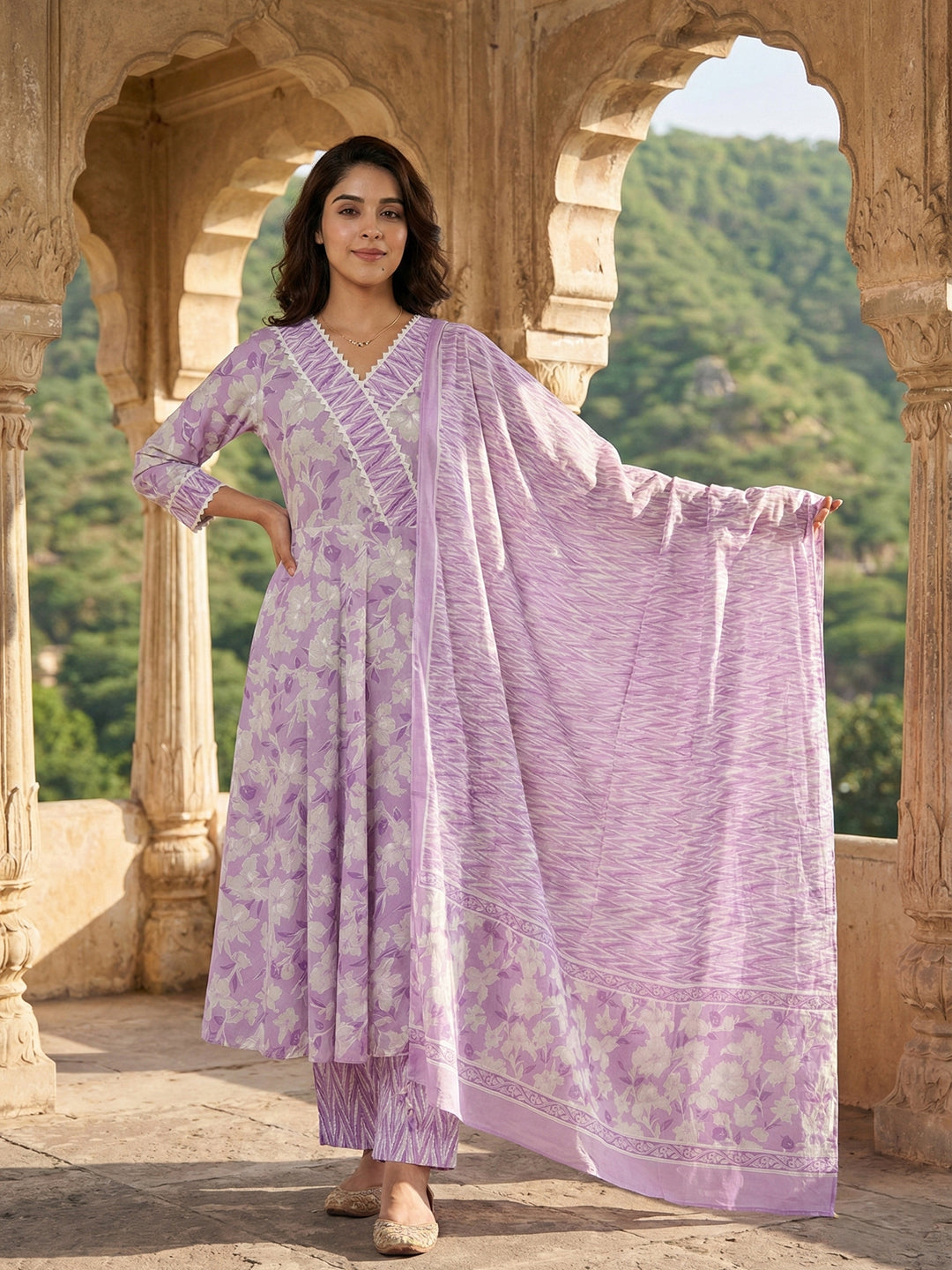 Jaitpuriya Purple And White Pure Cotton Anarkali Angrakha Kurta Set