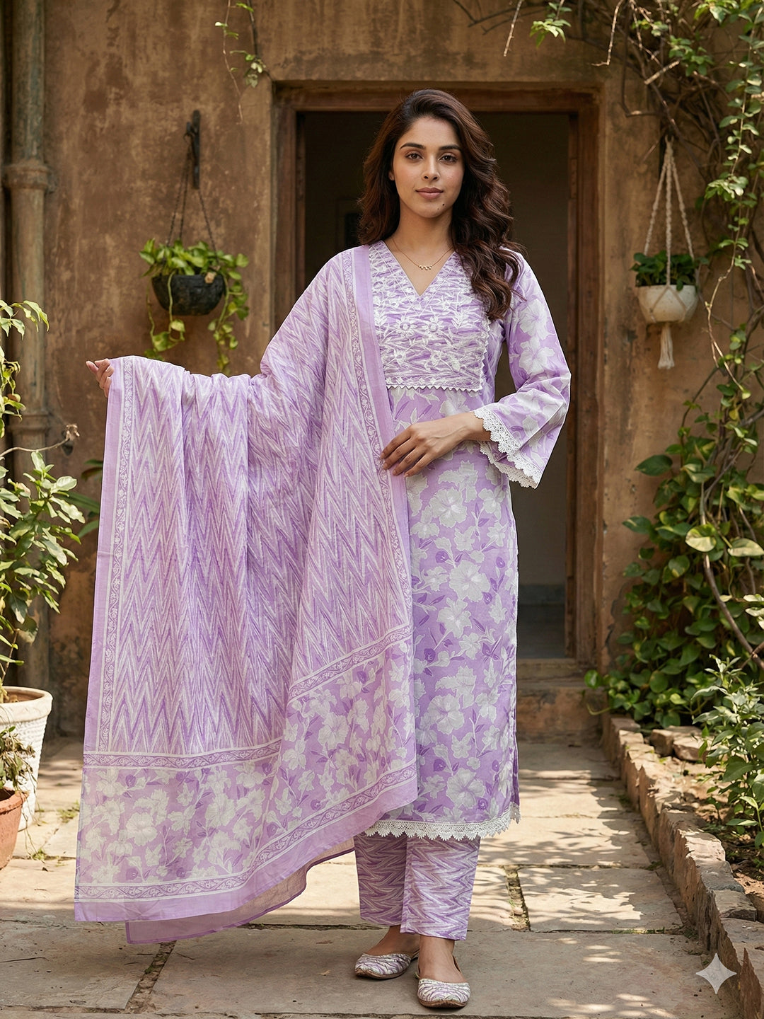 Jaitpuriya Purple And White Pure Cotton Straight Regular Kurta Set