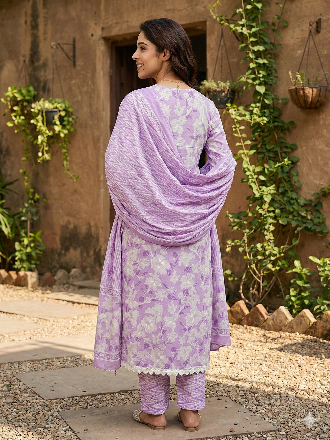 Jaitpuriya Purple And White Pure Cotton Straight Regular Kurta Set