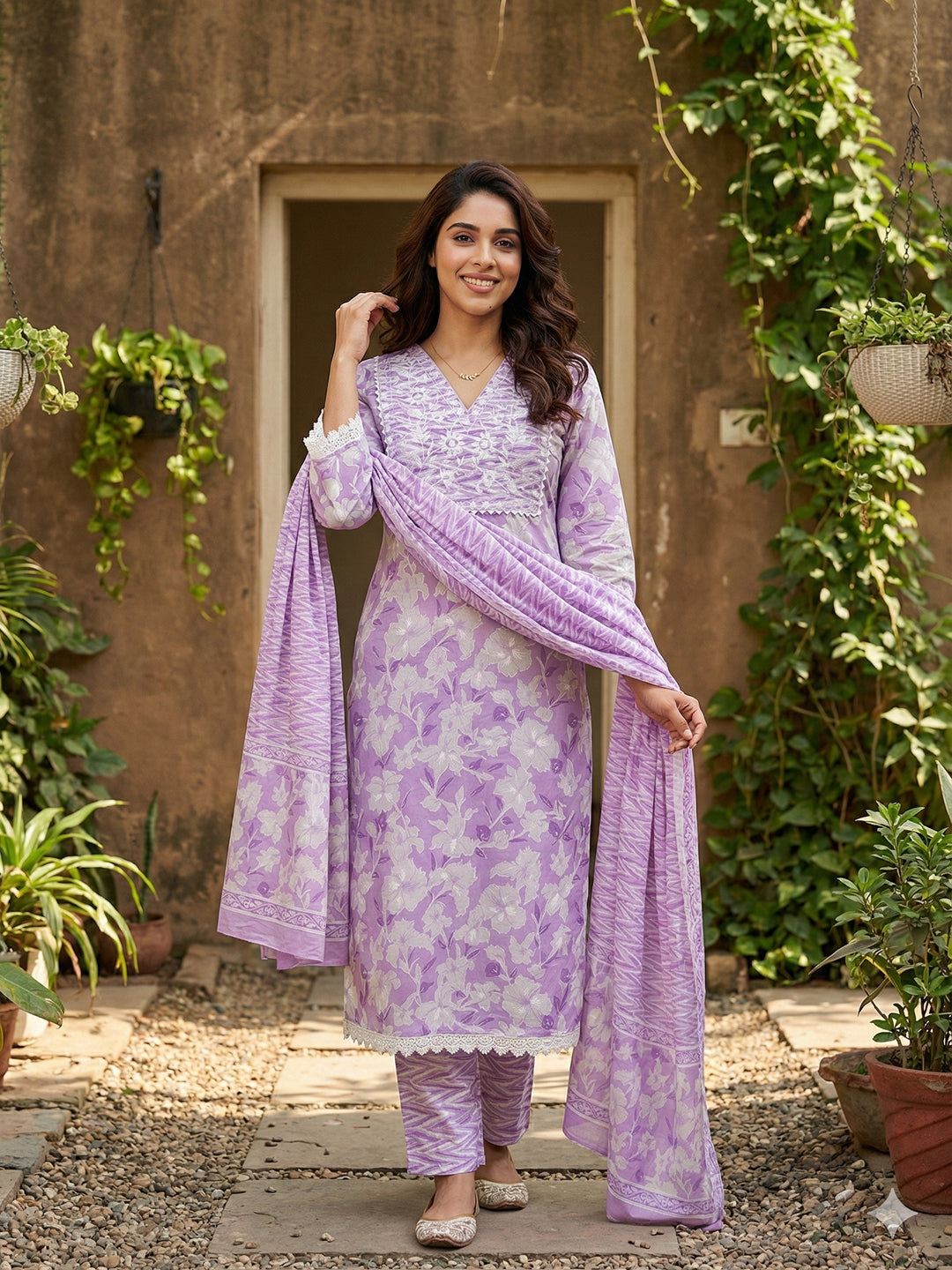 Jaitpuriya Purple And White Pure Cotton Straight Regular Kurta Set
