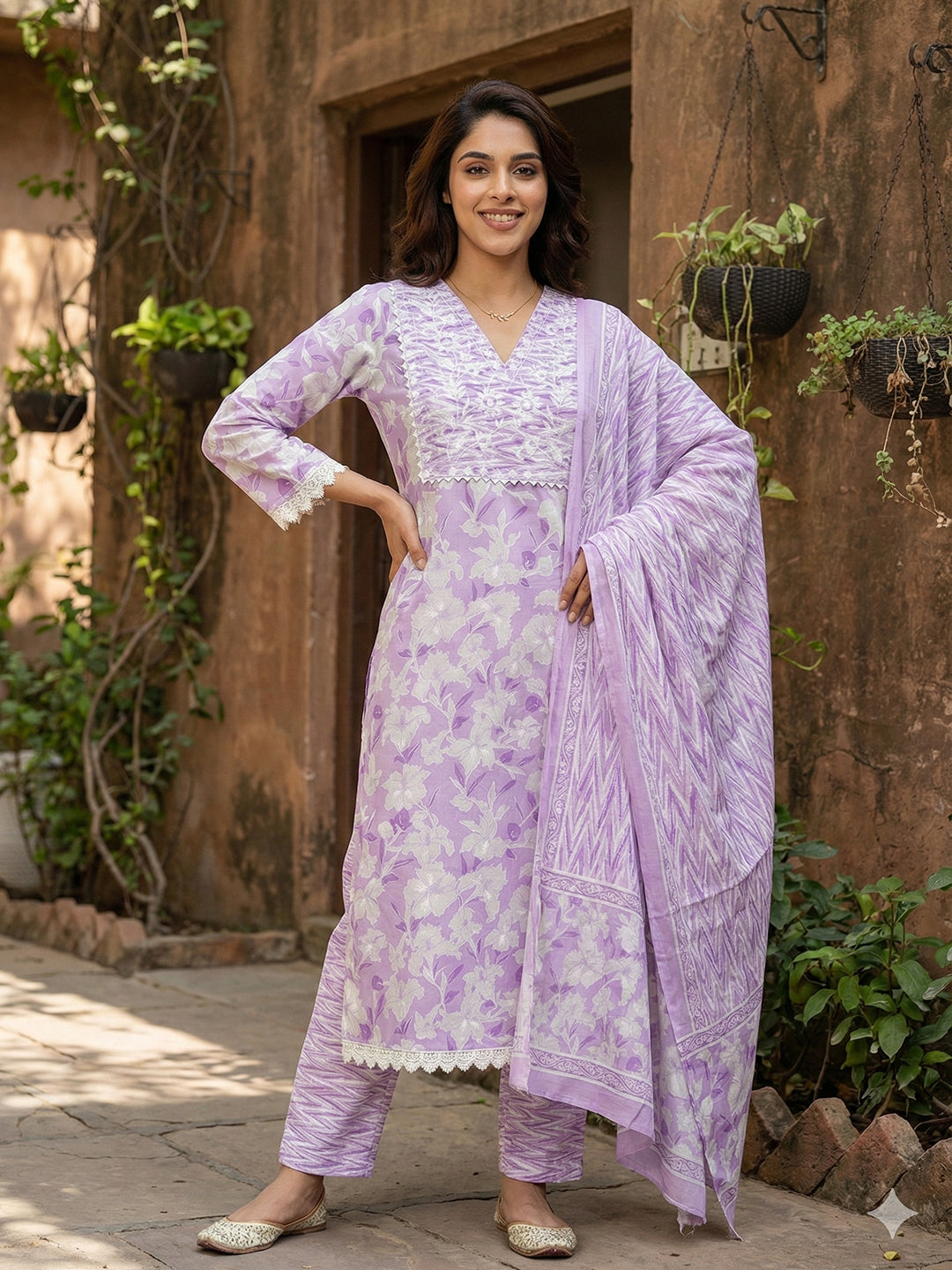 Jaitpuriya Purple And White Pure Cotton Straight Regular Kurta Set