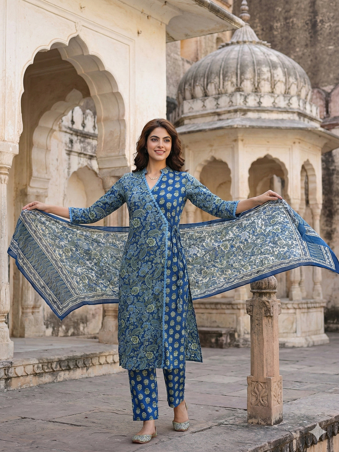 Jaitpuriya Blue And Pink Pure Cotton A-line Angrakha Kurta Set