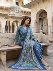 Jaitpuriya Blue And Pink Pure Cotton A-line Angrakha Kurta Set