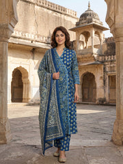 Jaitpuriya Blue And Pink Pure Cotton A-line Angrakha Kurta Set