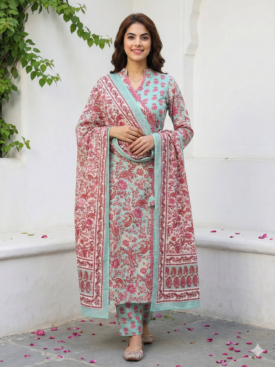 Jaitpuriya Green And Pink Pure Cotton A-line Angrakha Kurta Set
