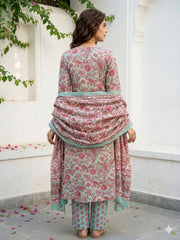 Jaitpuriya Green And Pink Pure Cotton A-line Angrakha Kurta Set