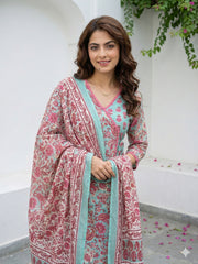 Jaitpuriya Green And Pink Pure Cotton A-line Angrakha Kurta Set