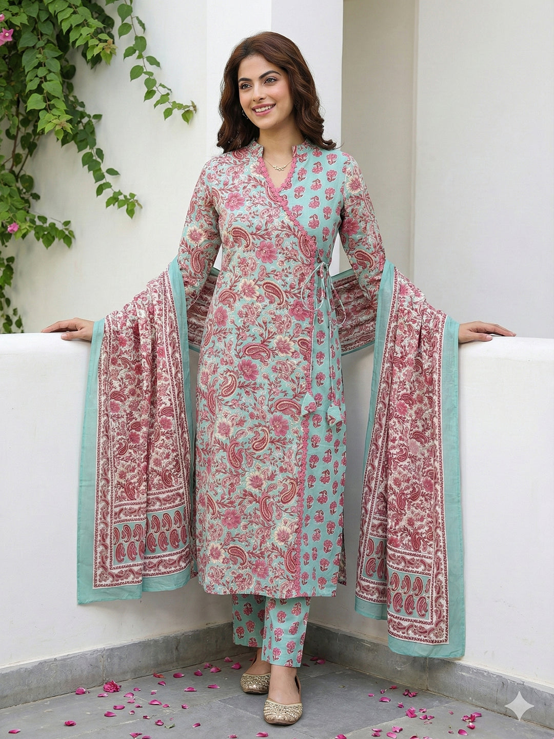 Jaitpuriya Green And Pink Pure Cotton A-line Angrakha Kurta Set