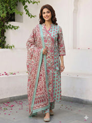 Jaitpuriya Green And Pink Pure Cotton A-line Angrakha Kurta Set