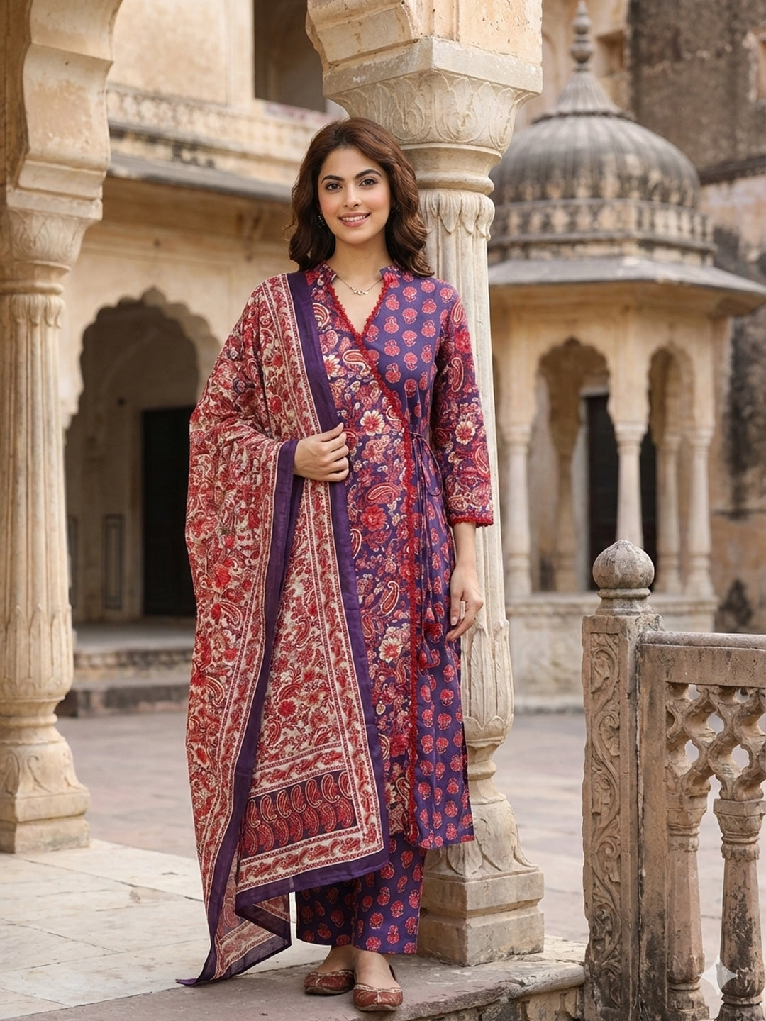 Jaitpuriya PurpleAnd Pink Pure Cotton A-line Angrakha Kurta Set