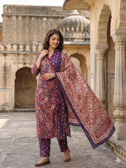 Jaitpuriya PurpleAnd Pink Pure Cotton A-line Angrakha Kurta Set