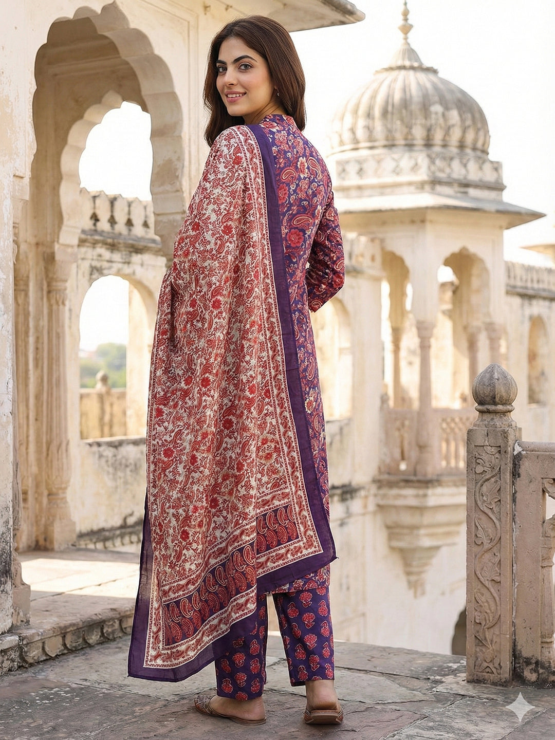Jaitpuriya PurpleAnd Pink Pure Cotton A-line Angrakha Kurta Set