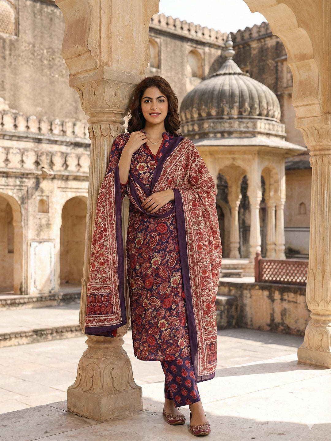 Jaitpuriya PurpleAnd Pink Pure Cotton A-line Angrakha Kurta Set