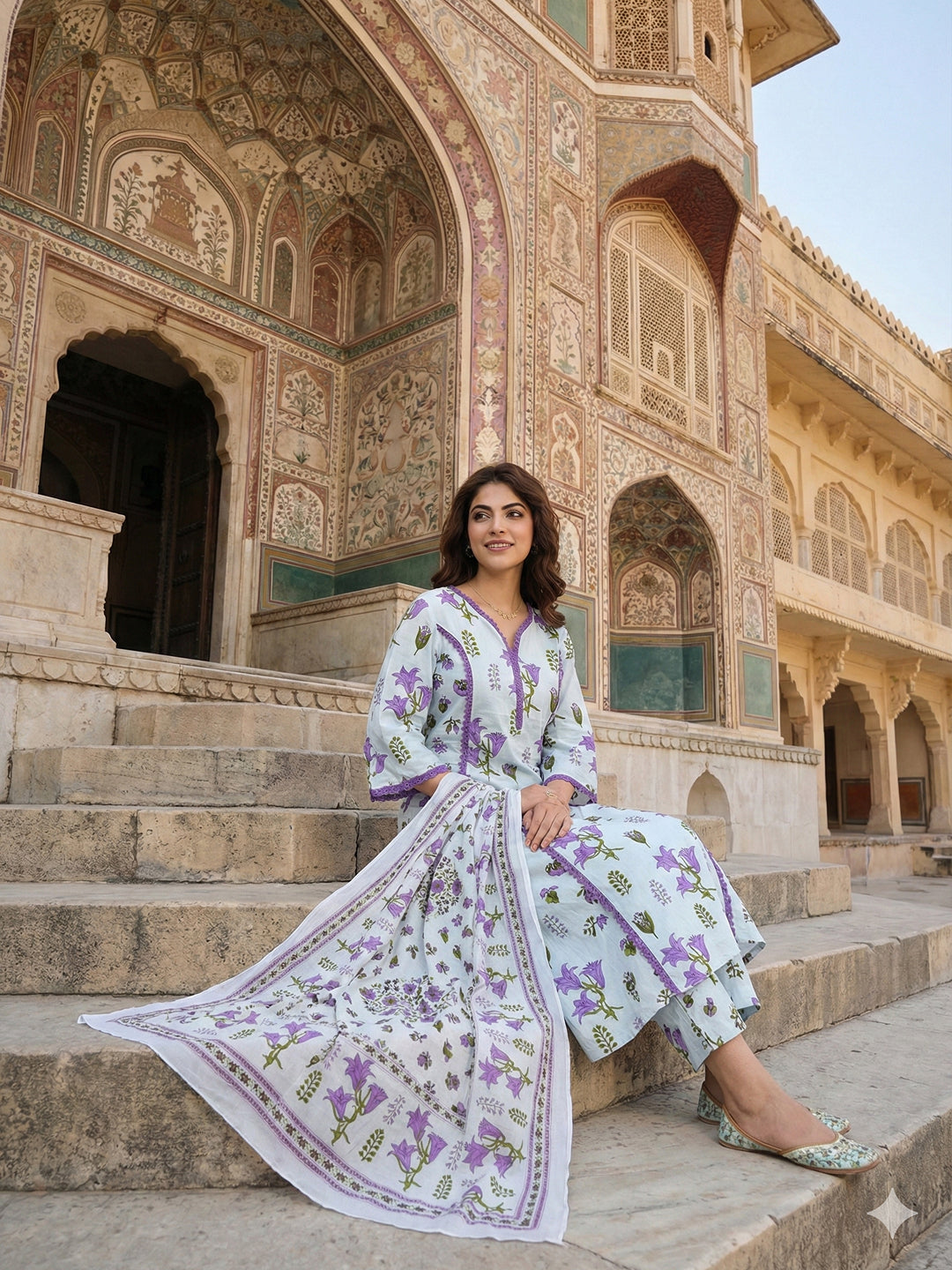 Jaitpuriya White And Purple Pure Cotton Anarkali Regular Kurta Set