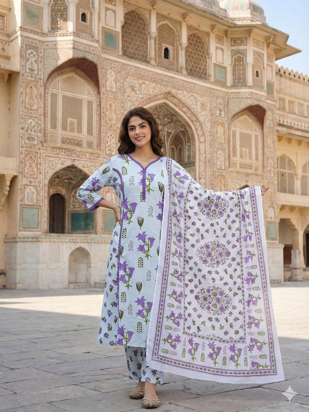 Jaitpuriya White And Purple Pure Cotton Anarkali Regular Kurta Set