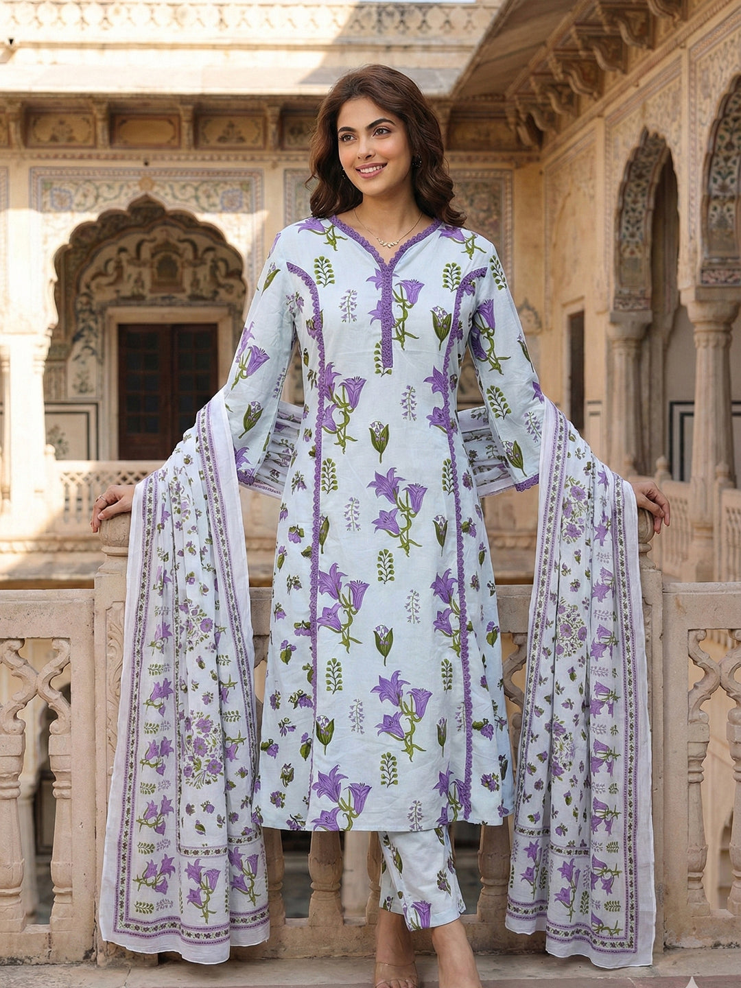 Jaitpuriya White And Purple Pure Cotton Anarkali Regular Kurta Set