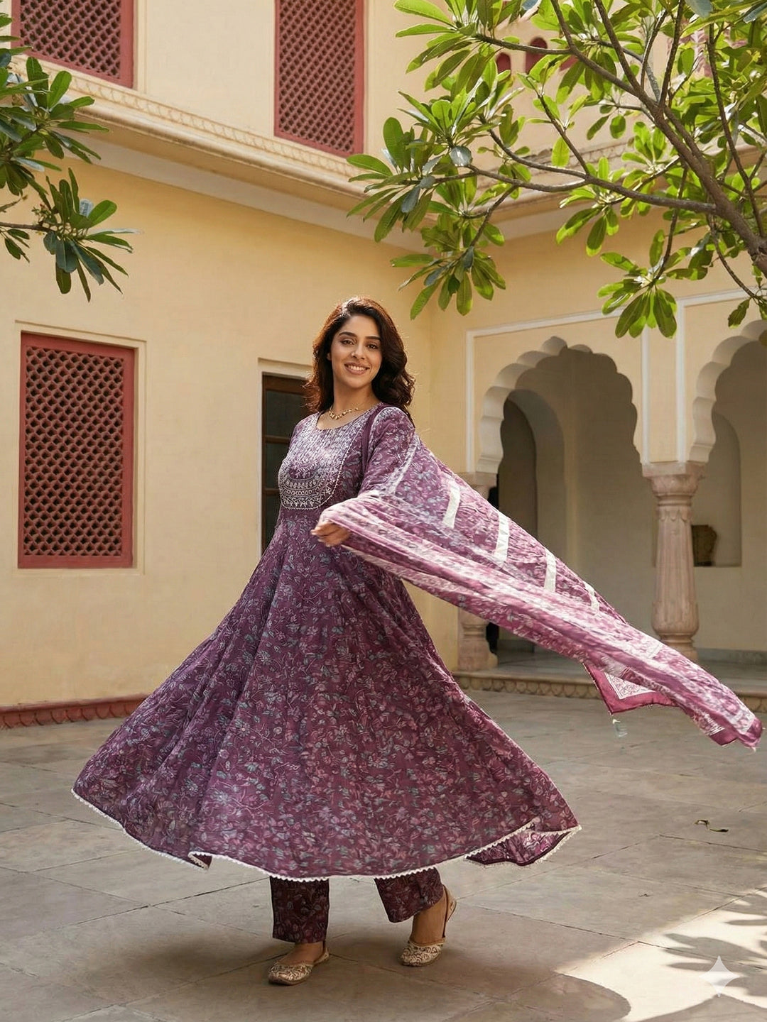 Jaitpuriya Purple Pure Cotton Anarkali Regular Kurta Set