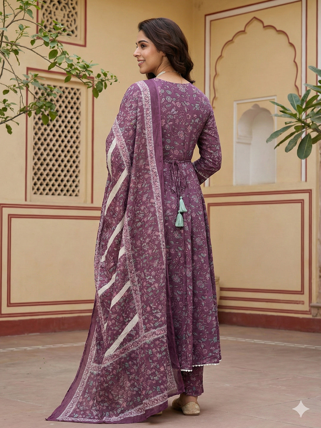 Jaitpuriya Purple Pure Cotton Anarkali Regular Kurta Set