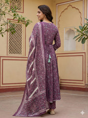 Jaitpuriya Purple Pure Cotton Anarkali Regular Kurta Set