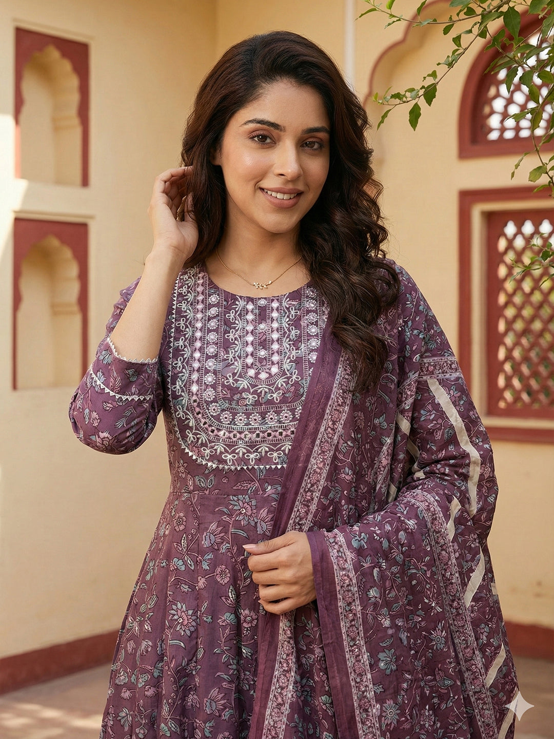 Jaitpuriya Purple Pure Cotton Anarkali Regular Kurta Set