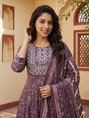 Jaitpuriya Purple Pure Cotton Anarkali Regular Kurta Set