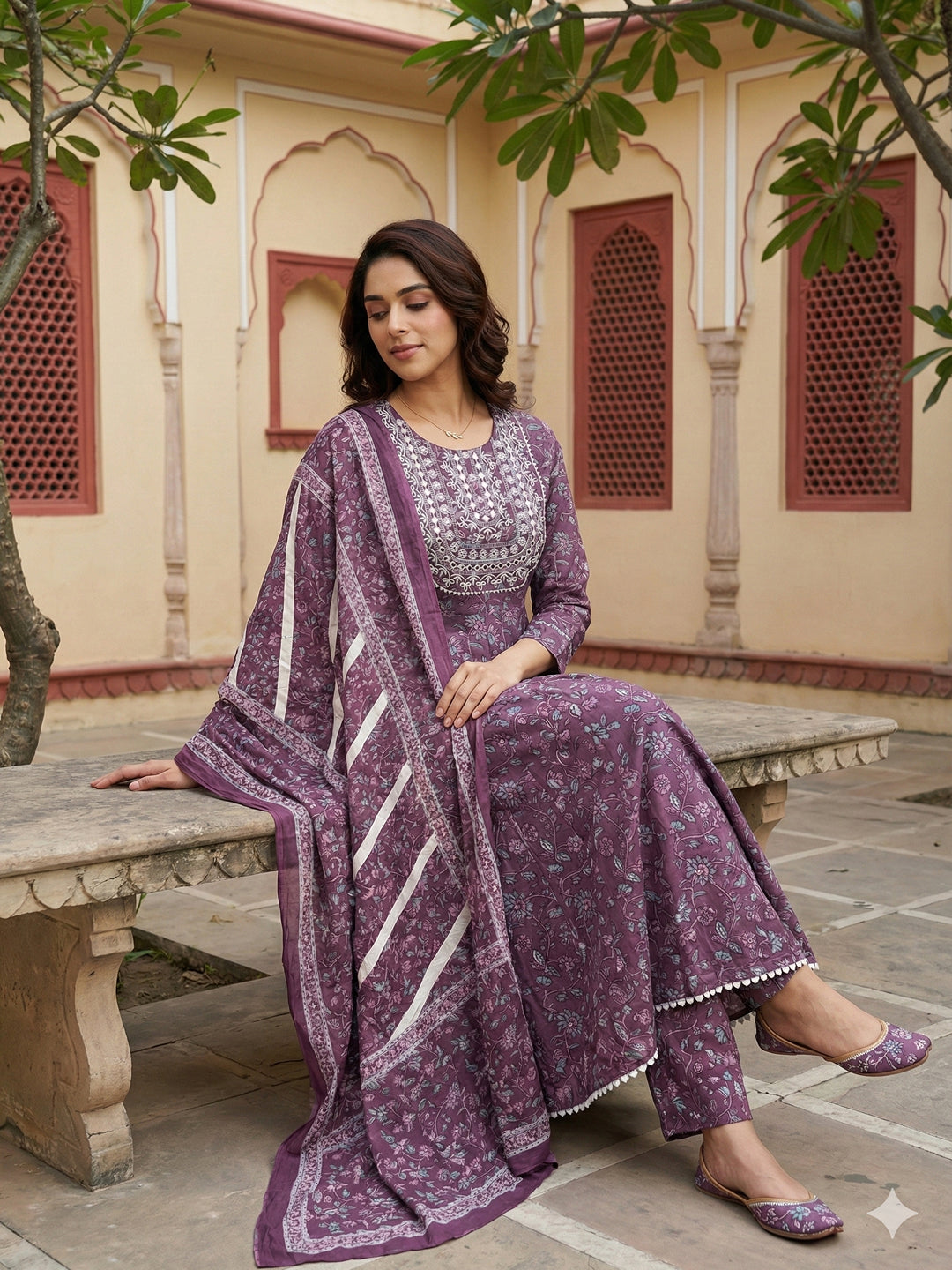 Jaitpuriya Purple Pure Cotton Anarkali Regular Kurta Set