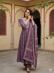 Jaitpuriya Purple Pure Cotton Anarkali Regular Kurta Set