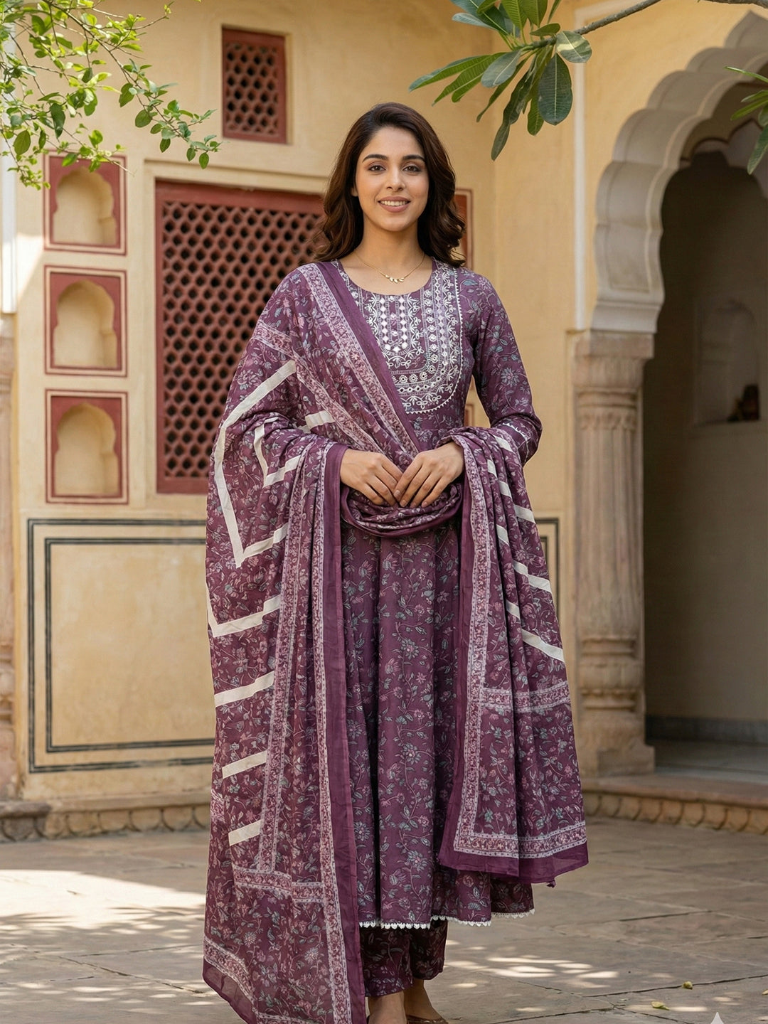 Jaitpuriya Purple Pure Cotton Anarkali Regular Kurta Set