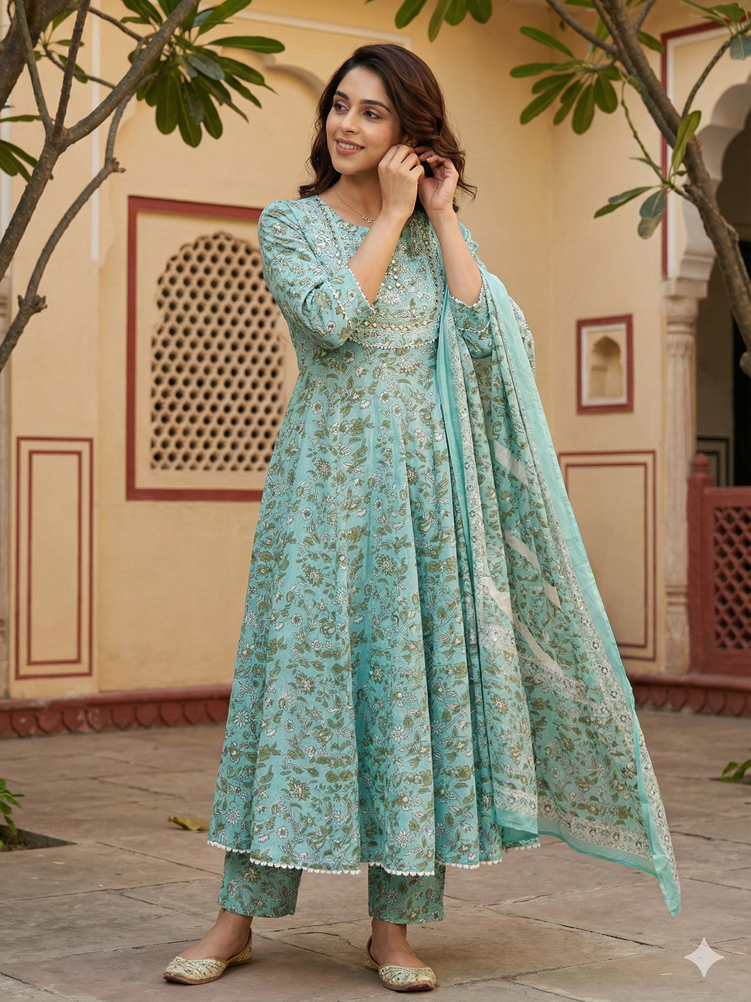 Jaitpuriya Turquoise Blue Pure Cotton Anarkali Regular Kurta Set