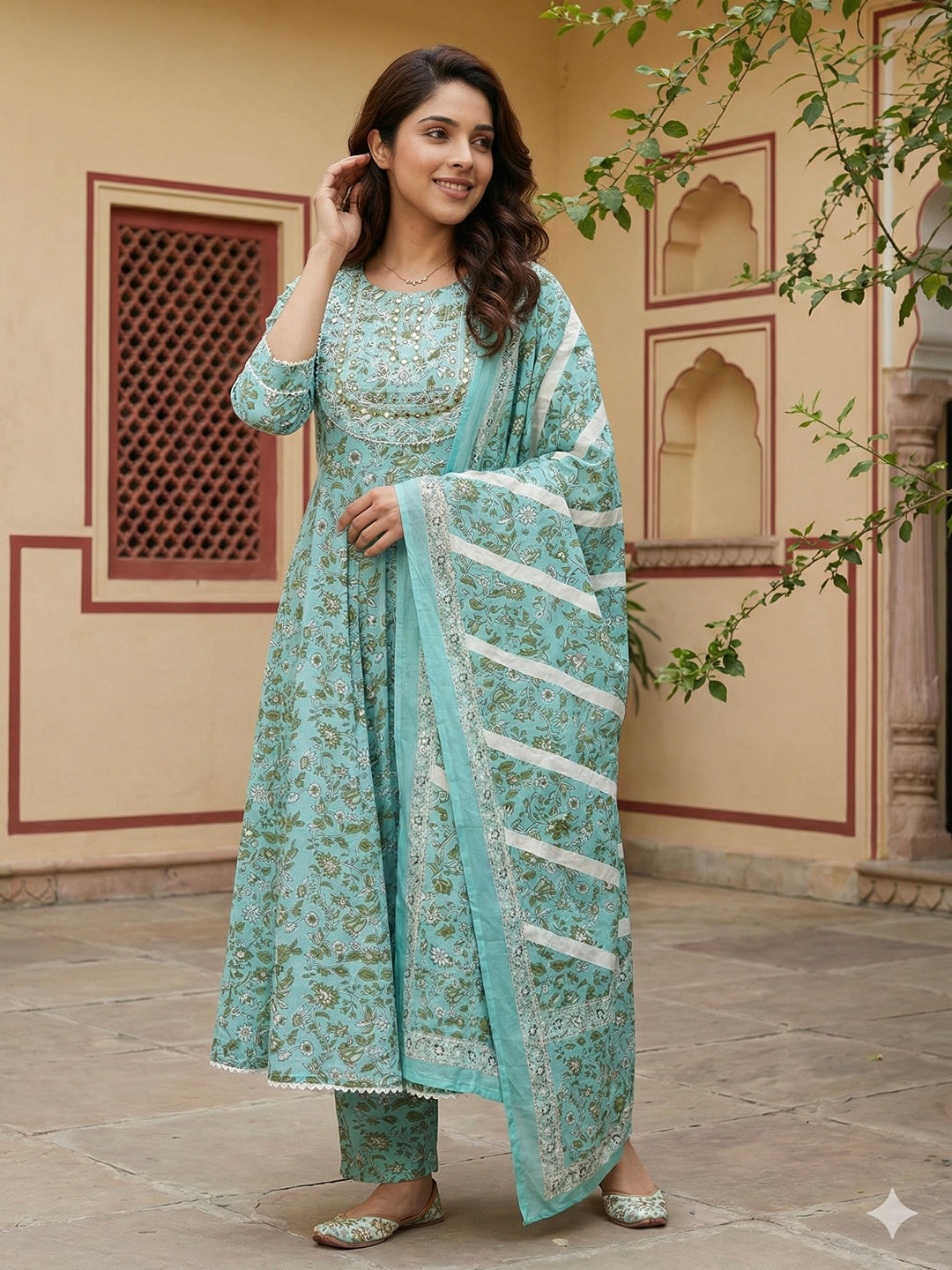 Jaitpuriya Turquoise Blue Pure Cotton Anarkali Regular Kurta Set