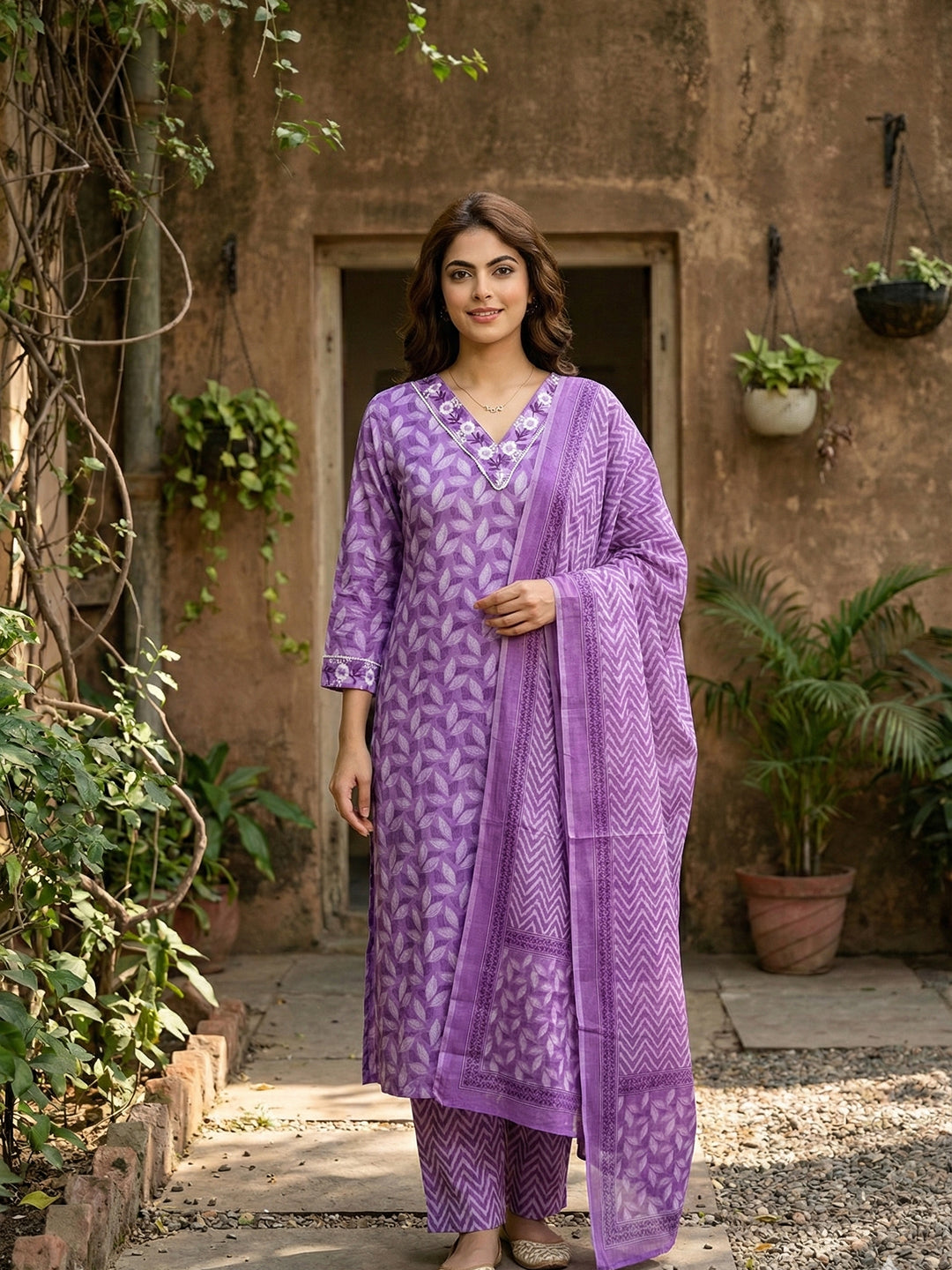Jaitpuriya Lavender Pure Cotton Straight Regular Kurta Set
