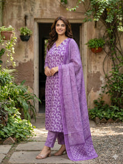 Jaitpuriya Lavender Pure Cotton Straight Regular Kurta Set