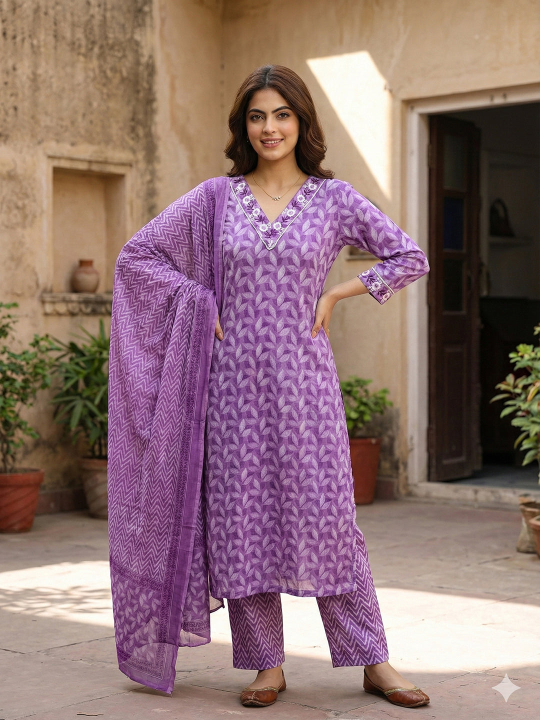 Jaitpuriya Lavender Pure Cotton Straight Regular Kurta Set