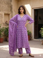 Jaitpuriya Lavender Pure Cotton Straight Regular Kurta Set