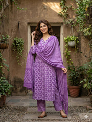 Jaitpuriya Lavender Pure Cotton Straight Regular Kurta Set