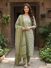 Jaitpuriya Olive Pure Cotton Straight Regular Kurta Set