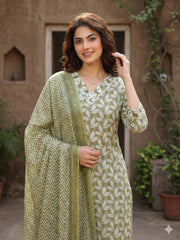 Jaitpuriya Olive Pure Cotton Straight Regular Kurta Set